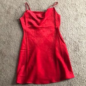 red silk cowl neck dress